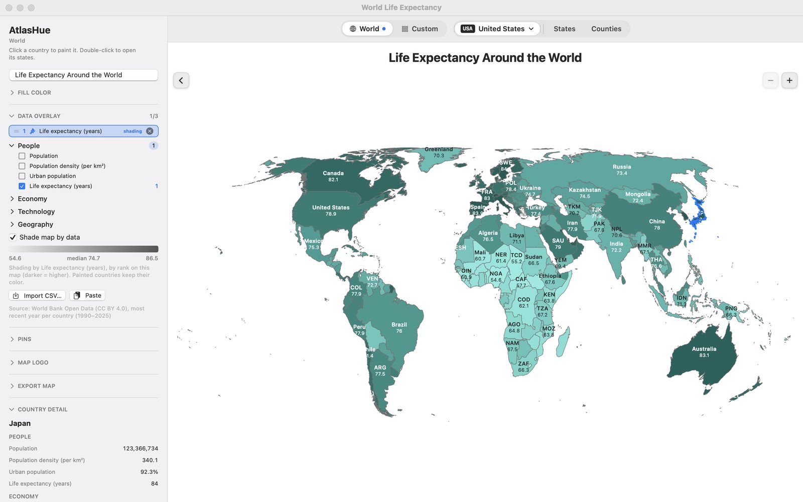 AtlasHue window showing a world map shaded by life expectancy